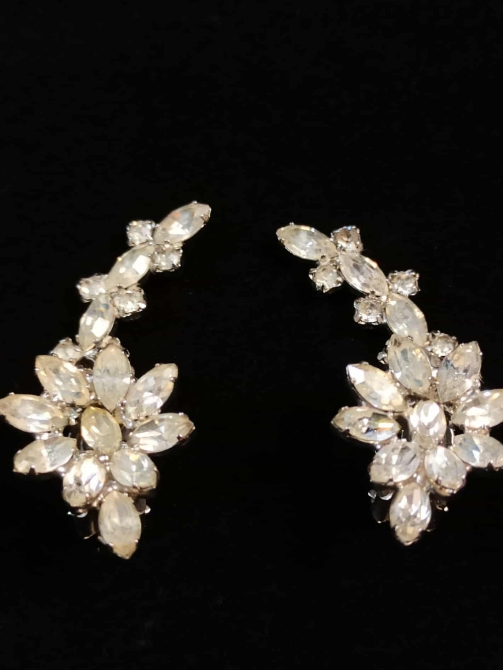 Vintage 60s Crystal Rhinestone Floral Clip On Earrings Statement Bridal Style